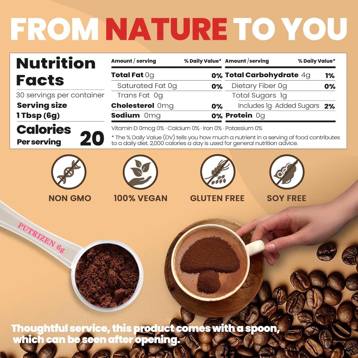 PUTRIZEN Mushroom Coffee with 6 Adaptogenic Functional Mushrooms & MCT Oil, Instant Coffee Powder with 2500mg of Mushrooms for Focus, Energy, Gut