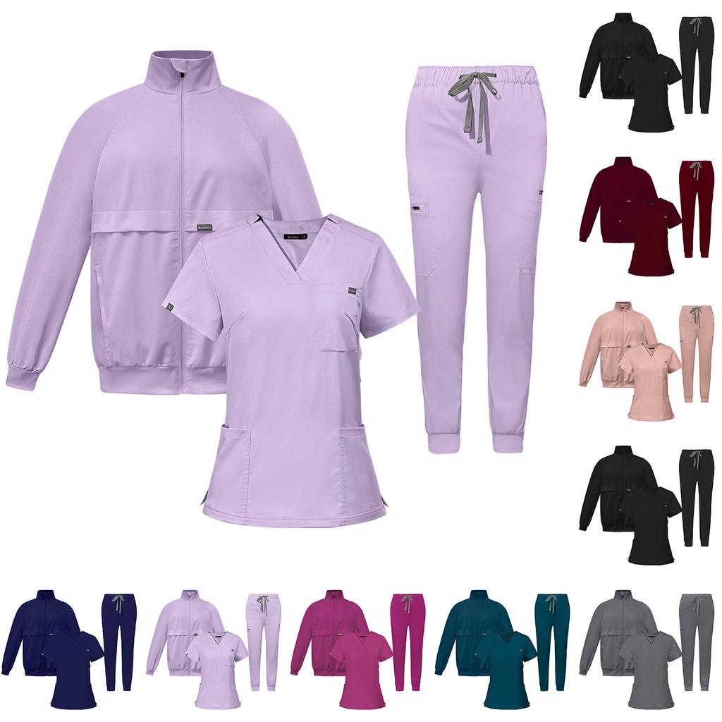 Women's Loose And Comfortable V-neck Short Sleeved Workwear With Multiple Pockets And Beauty Suit Set