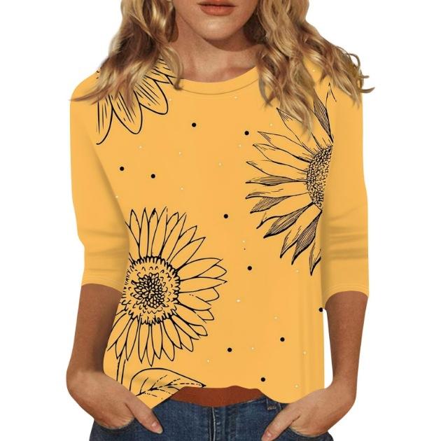 2026 Spring/Summer New Women's Fashion Printed Three-Quarter Sleeve Loose Round Neck Casual T-Shirt Top