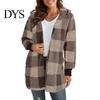 Cardigan Sweater Winter Coat Plaid Print Hooded Thick Windproof Open Stitch Knit Outerwear Mid Length Fuzzy Plush Jacket for School Travel Fall