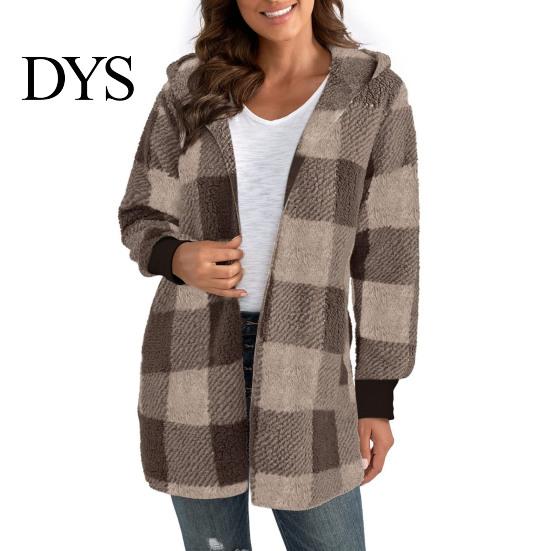 Cardigan Sweater Winter Coat Plaid Print Hooded Thick Windproof Open Stitch Knit Outerwear Mid Length Fuzzy Plush Jacket for School Travel Fall
