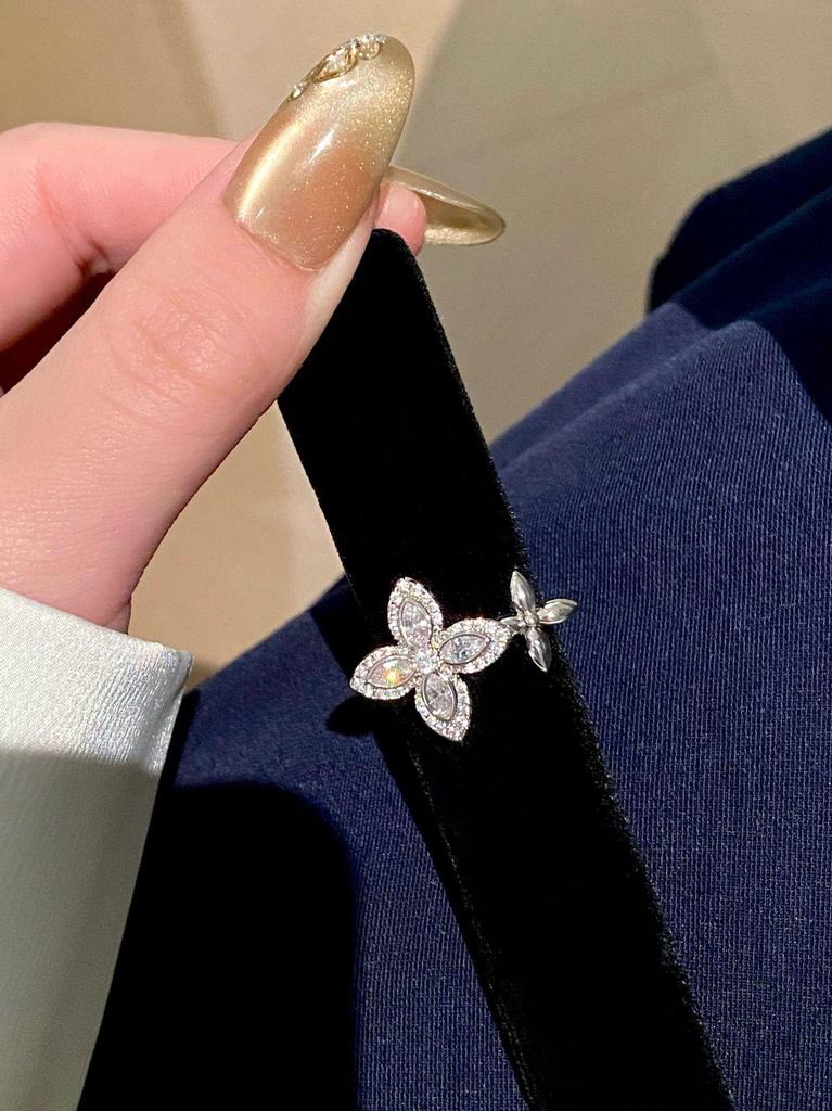 Zircon Lucky Clover Flower Open Ring - Elegant Court Style Exquisite Hand Jewelry
