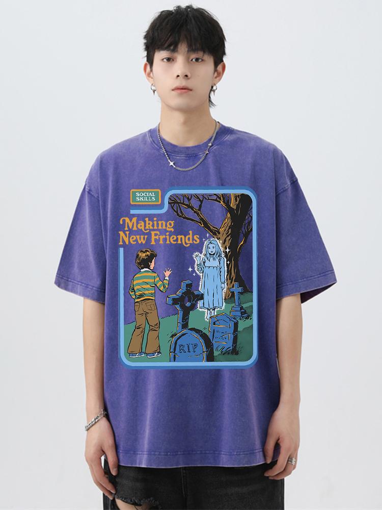 Social Skills Making New Friends Washed Retro Man T-Shirts Oversized Tee Clothes Summer Hip Hop Tshirt O-Neck Soft Cotton Tops