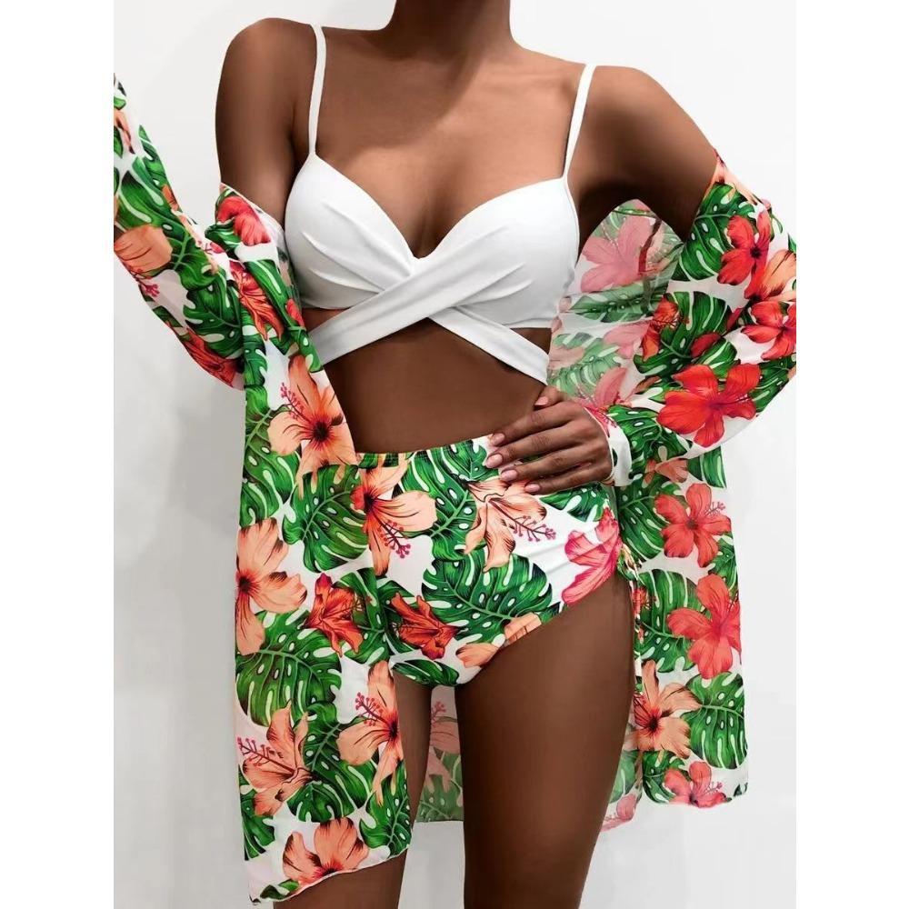 European and American Bikini Sexy Push Up Mesh Three-Piece Printed Split Swimsuit