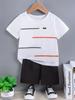 2pcs Boys' Casual Style Summer Outfit Striped Print Round Neck Short Sleeve T-Shirt and Casual Shorts Set, Perfect for Outdoor