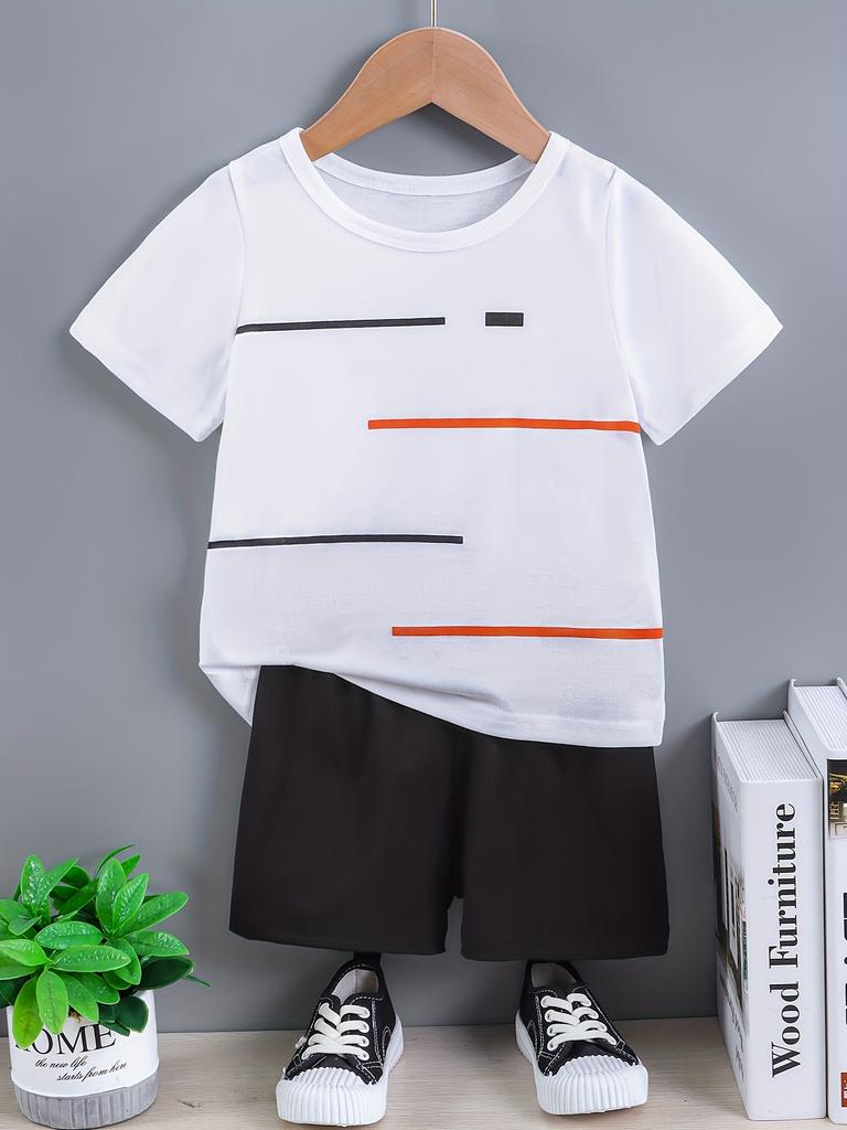 2pcs Boys' Casual Style Summer Outfit Striped Print Round Neck Short Sleeve T-Shirt and Casual Shorts Set, Perfect for Outdoor