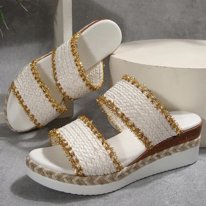Fashion Vintage Woven Wedge Heeled Slippers Women Summer Plus Size 36-43 Thick Bottom Sandals Woman Comfort Platform Beach Sandles Mujer