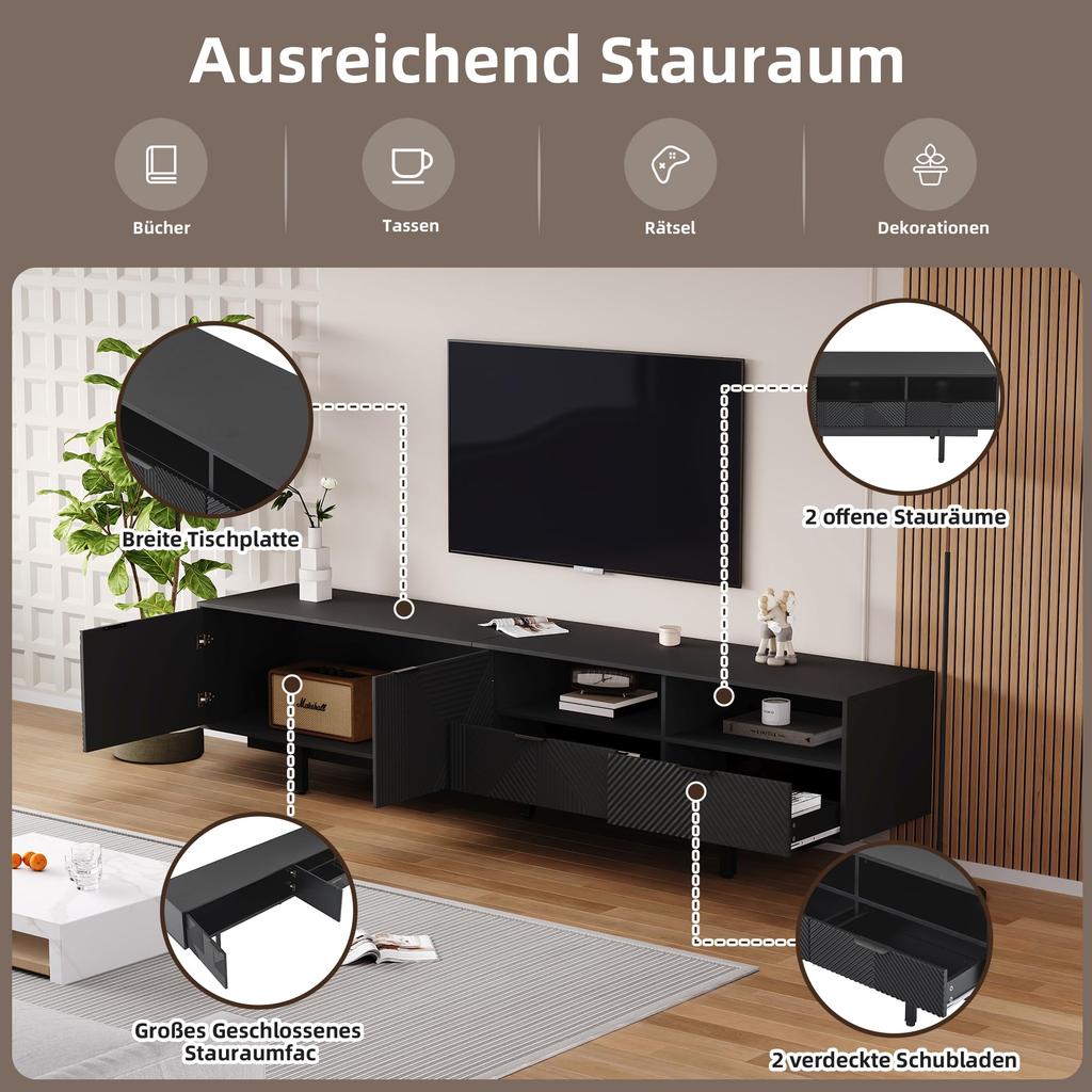 TV Schrank, 2 Fächern 2 Schublade Offenes Fach, Modern Lowboard 90 Zoll TV, böhmischer TV Board Sideboard Wohnzimmer & Esszimmer, Schwarz