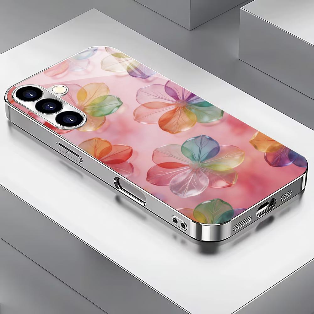 Pink floral patterned glass phone case suitable for Samsung Galaxy S26 S25 S24 S23 S22 S20 FE/Ultra/Plus anti drop back cover