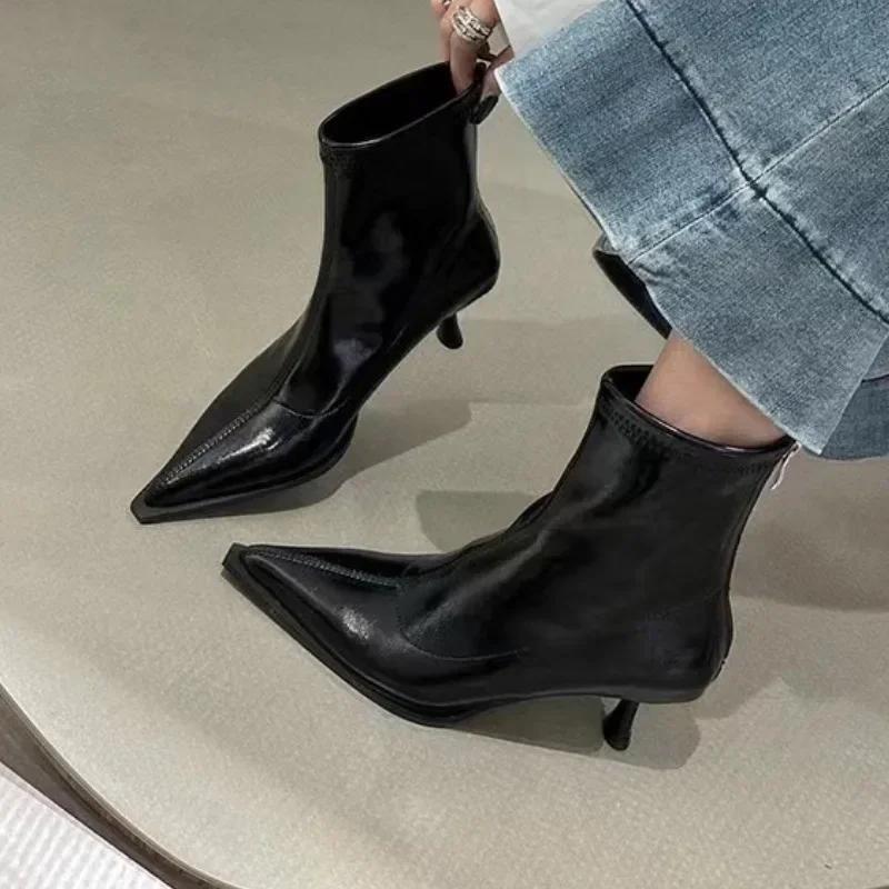 Мода 2024 года распродажа обуви женские ботинки с молнией сзади модные однотонные ботинки для офиса и карьеры сексуальные ботильоны с острым носком Zapatos Mujer 35 чёрный 5145₽