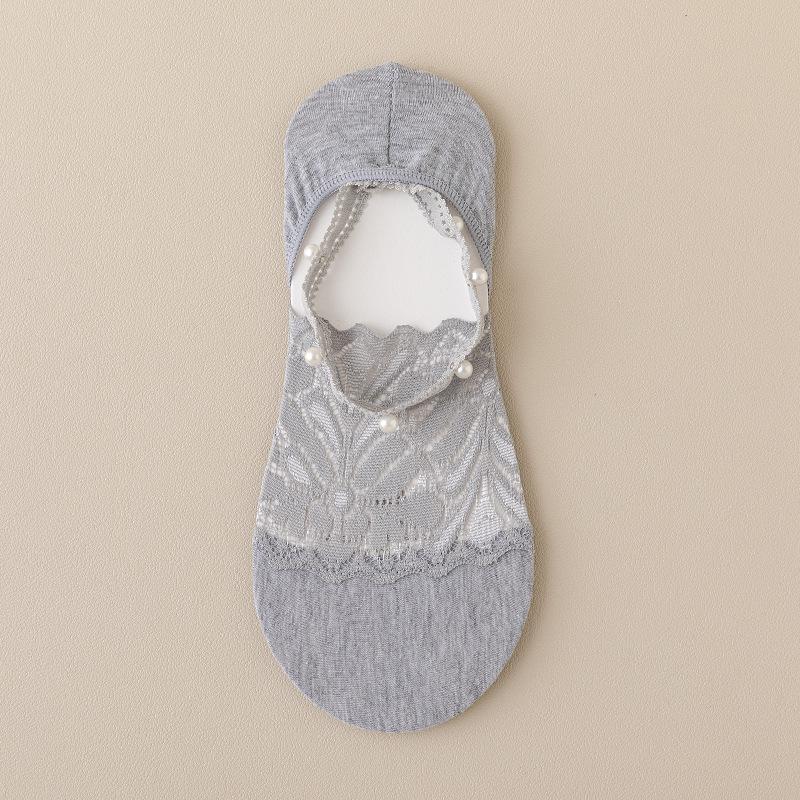 Female Spring and Summer Thin Lace Pearl Shallow Mouth Anti Slip Anti Take Off with Mesh Invisible Halter Boat Socks