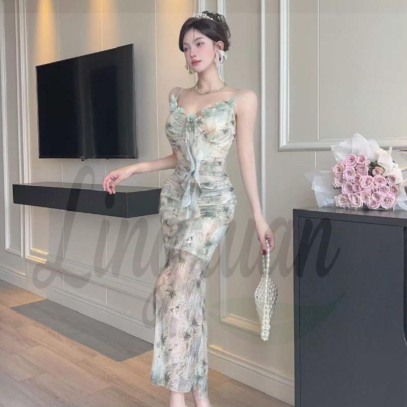 Elegant Slim-Fit V-Neck Mesh Print Camisole Dress