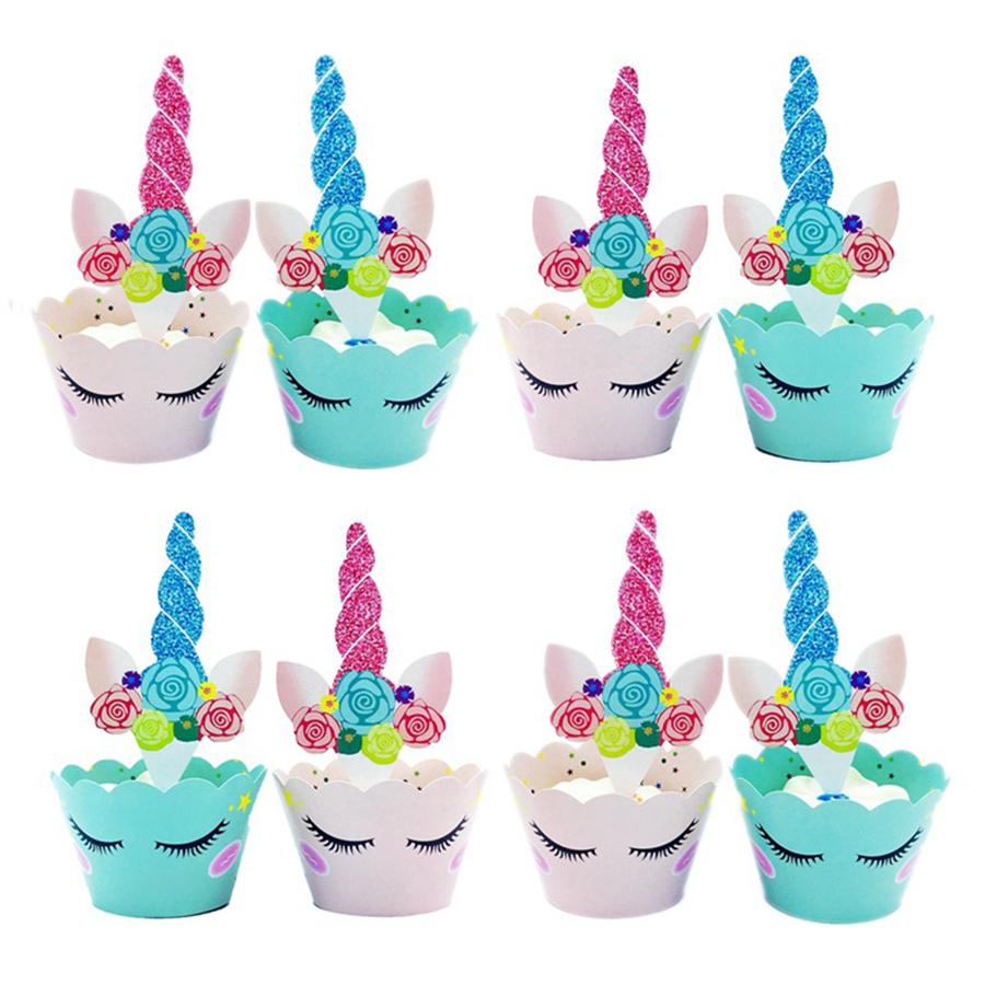 24pcs Unicorn Theme Cupcake Wrappers Toppers  Kids Birthday Party Supplies Decorations