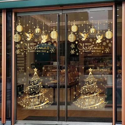 2/4Pcs Golden Christmas Tree Window Cling Removable Waterproof Merry Xmas Tree Static Glass Sticker Holiday Party Decoration Decal
