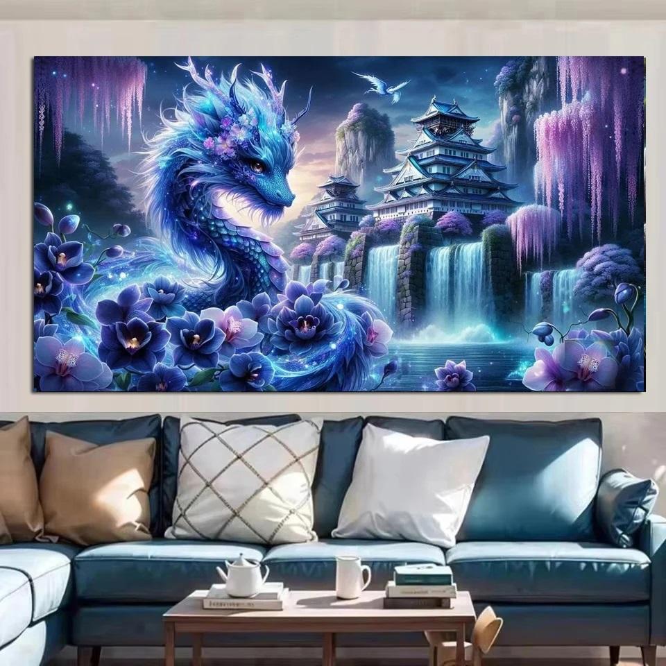 Blue Dragon Waterfall Orchid Landscape Diy 5D Diamond Painting Full Square Round Mosaic Diamond Embroidery Big Size For Decor