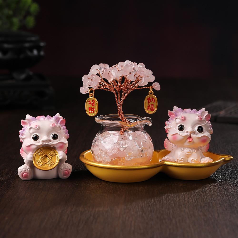 Crystall Prosperity Tree Resin Figurine With Wealth Guardian For Home Office Decor