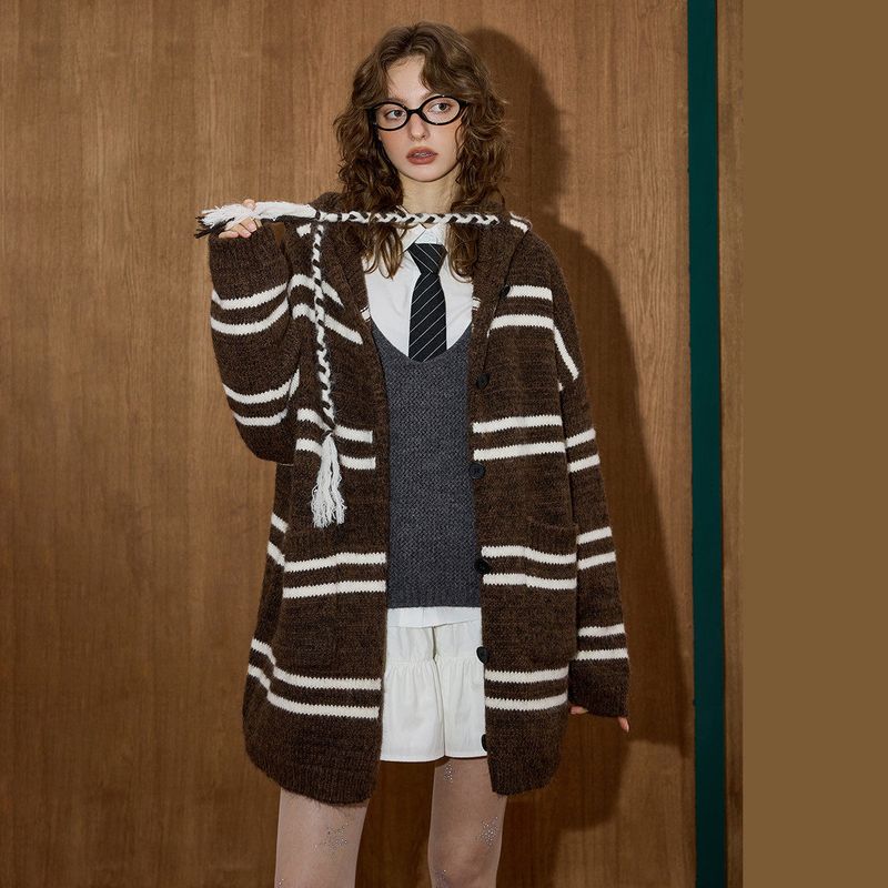 Coolhut Autumn and Winter New Striped Hooded Sweater Jacket, Lazy Color-Blocking Versatile Loose Women's Knitted Cardigan