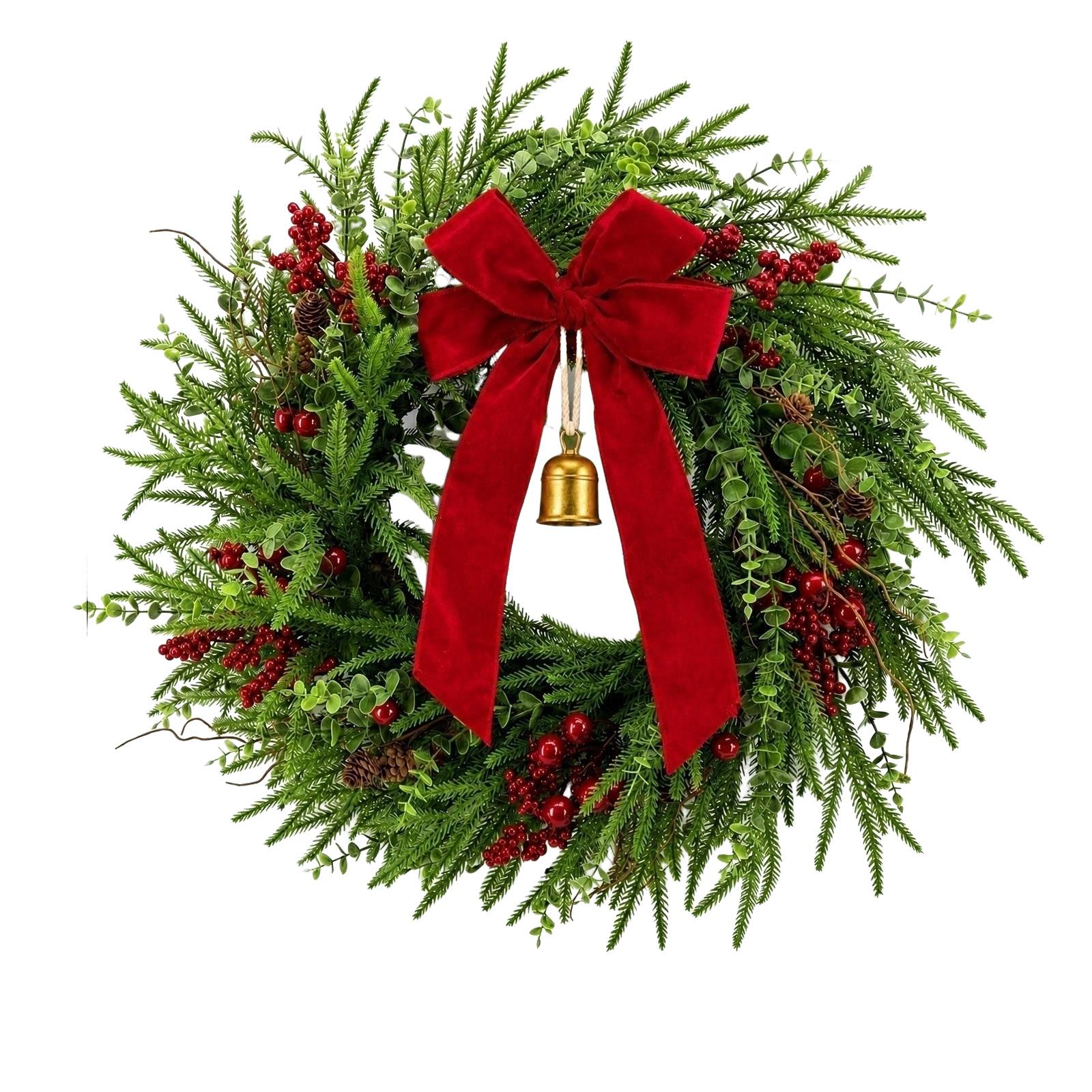 60cm Artificial Christmas Wreath PVC Pointed Needle Bare Wreath Decorative Holiday Door Hanging Ornament with Bow and Bell One Size