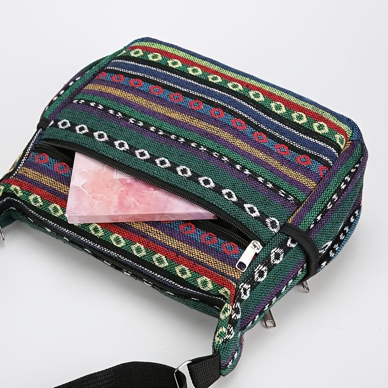 Women's Stylish Black & White Striped Nylon Crossbody Bag Zipper with Geometric Pattern Adjustable Strap Casual Shoulder Bag Travel Crossbody Purse