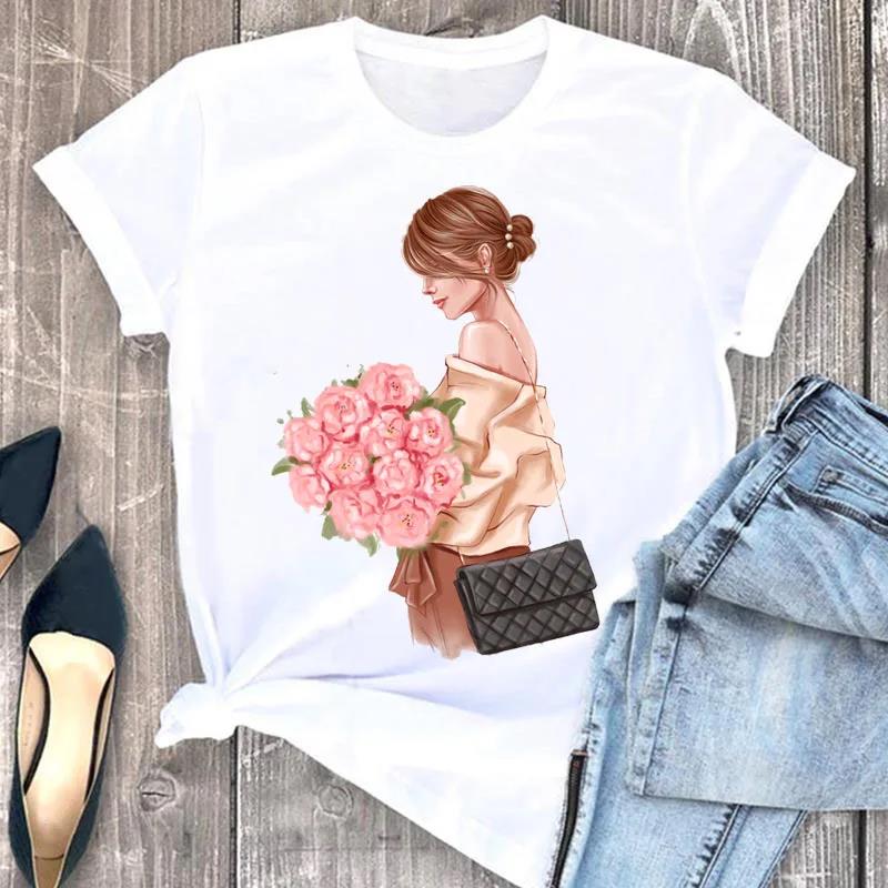Fashion Flower Girl Graphic Print T Shirt Women Unisex Casual Crew Neck T Shirt Short Sleeve T Shirt Unisex