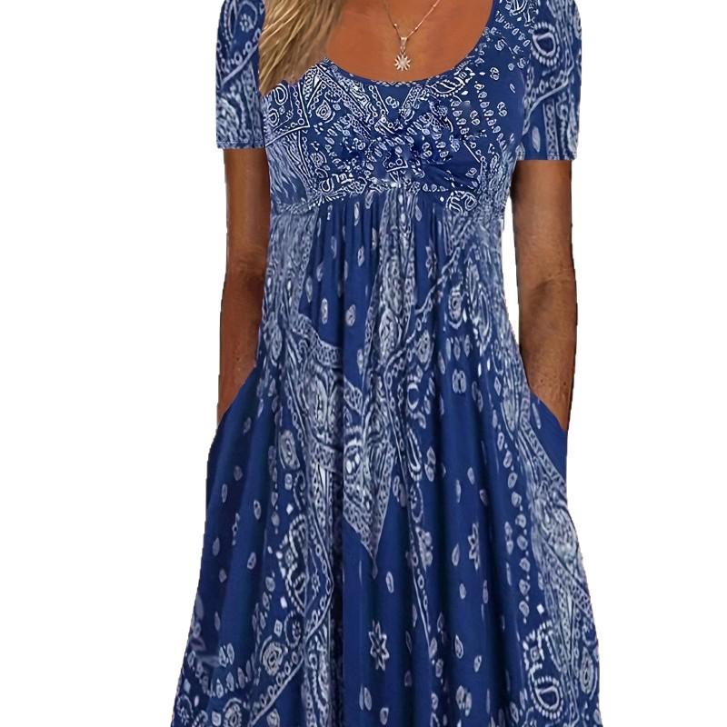 Europäisches & Amerikanisches Sommer Retro Print Mittelhoher Taillenlanger Kleid - Kurzarm, Rundhalsausschnitt, Bequemer Lässiger Stil Pullover