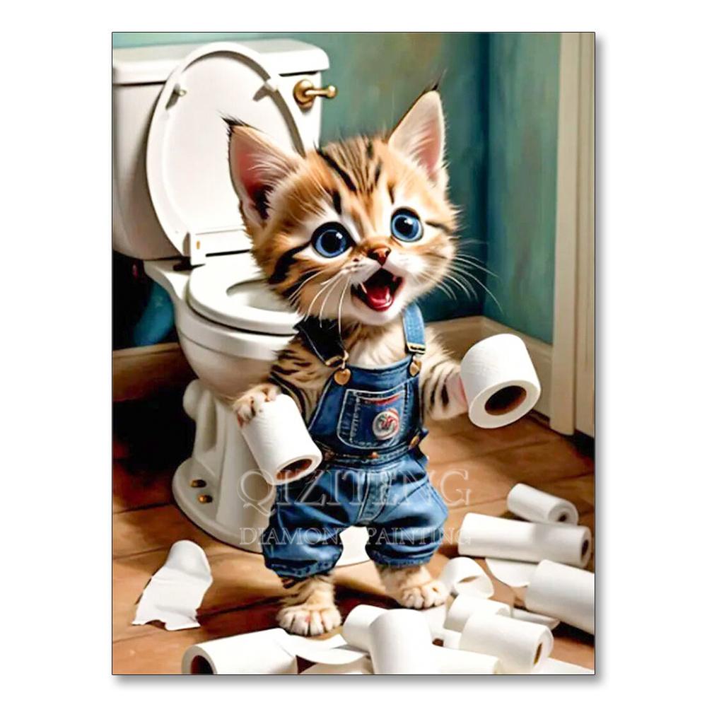 Dog Diamond Painting Cat Toilet Cartoon Diamond Mosaic Animal Full Round_Square Drill Embroidery Funny Bathroom Wall Decor Art