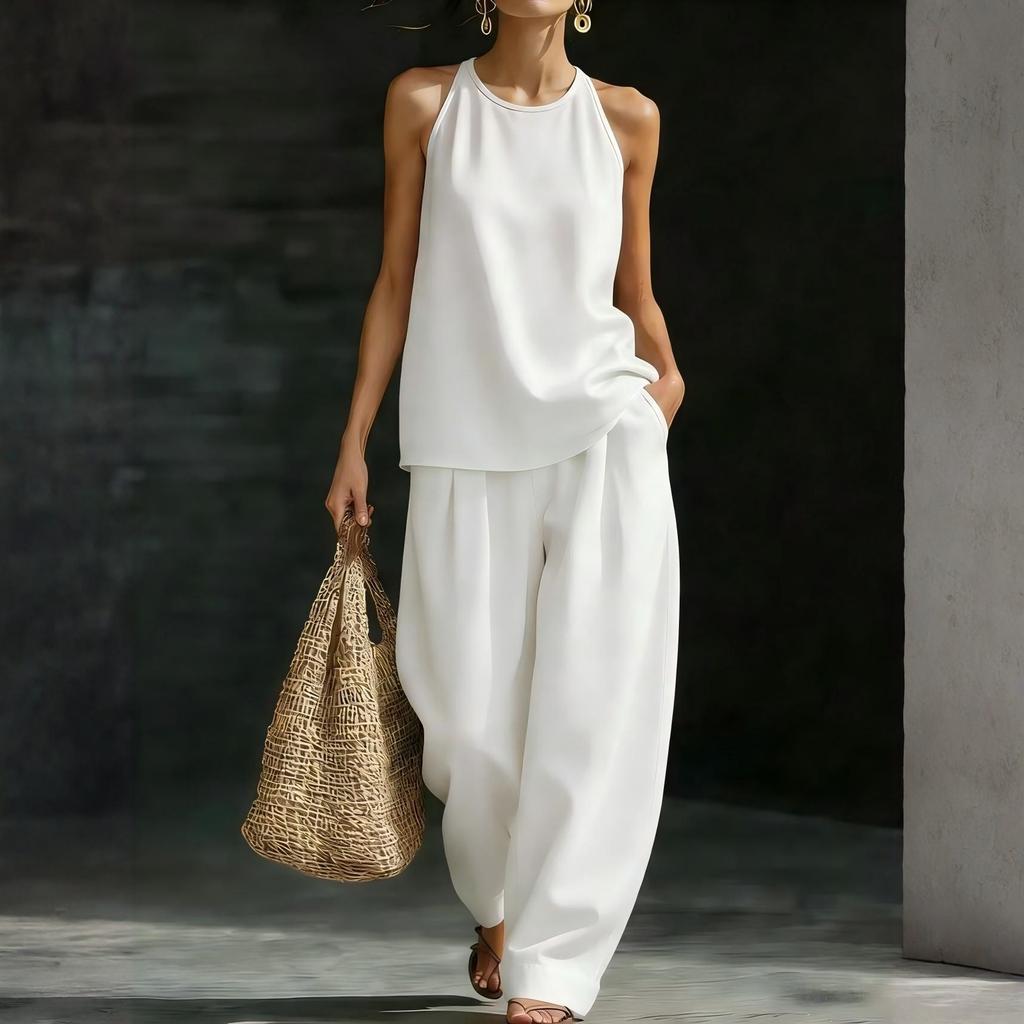 Women's Round Neck Sleeveless Top And Trousers Fashion Casual Suit