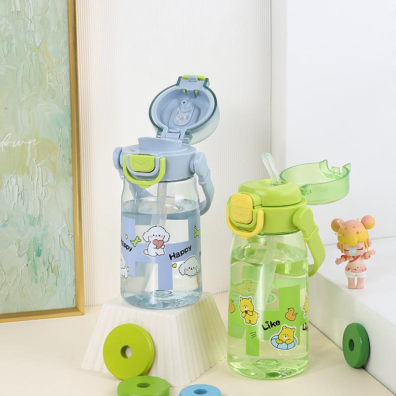 Water bottle high value cartoon children plastic straw cup men and women summer anti-drop lift portable water cup student drinking cup