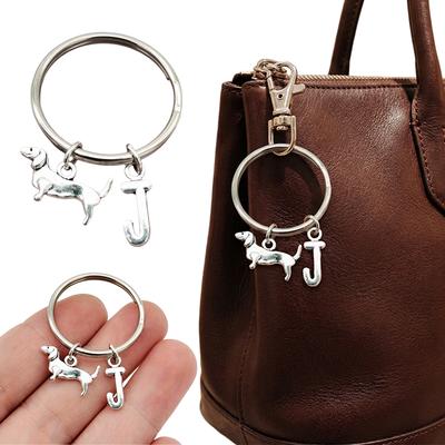 1PC Dachshund Keychain Pet Lovers Gift Dog Charms Backpack Metal Cute Silver Bag Alphabet Initial Letter Purse 26 Letters