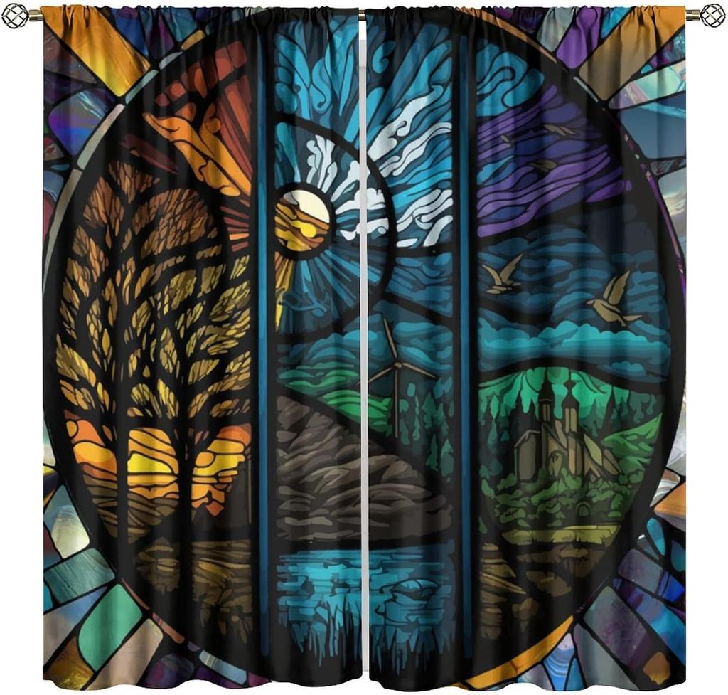 Stained Glass Blackout Window Curtains, Autumn Forest Mosaic Art Beautiful Nature Scenery Stained Glass Home Kitchen Livingroom
