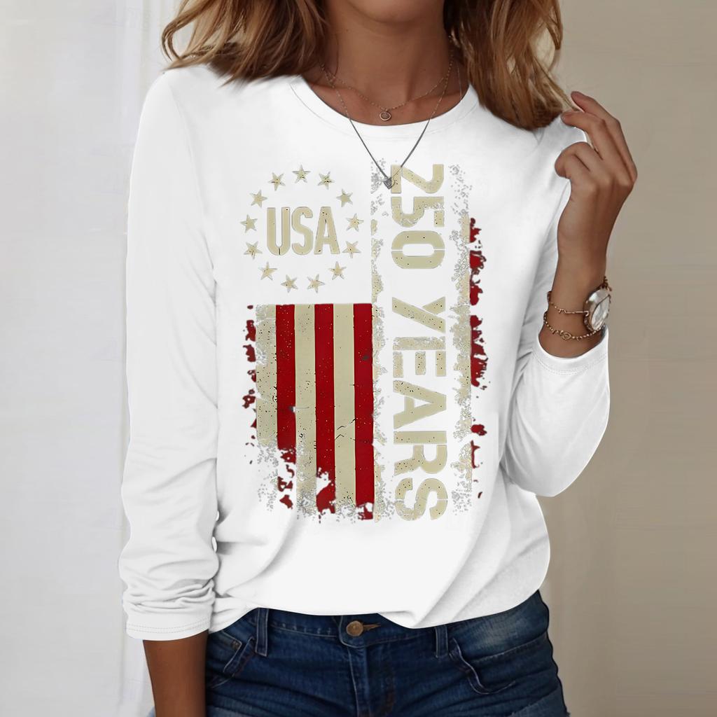 Damen Casual Langarm Rundhals Oberteil Unabhängigkeitstag Blumenprint Leichter Pullover für den Alltag