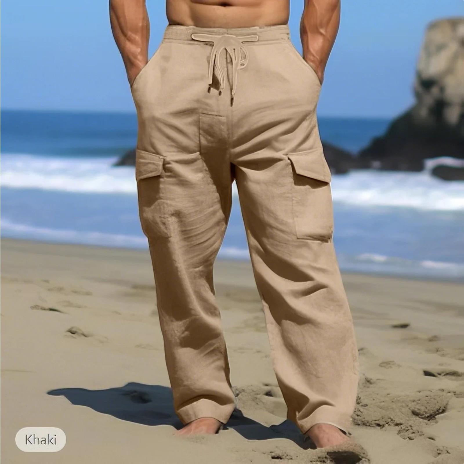 

Летние удобные дышащие уличные мужские брюки Pull Rope с несколькими карманами, прямые повседневные уличные брюки из хлопка и конопли XXXL хаки