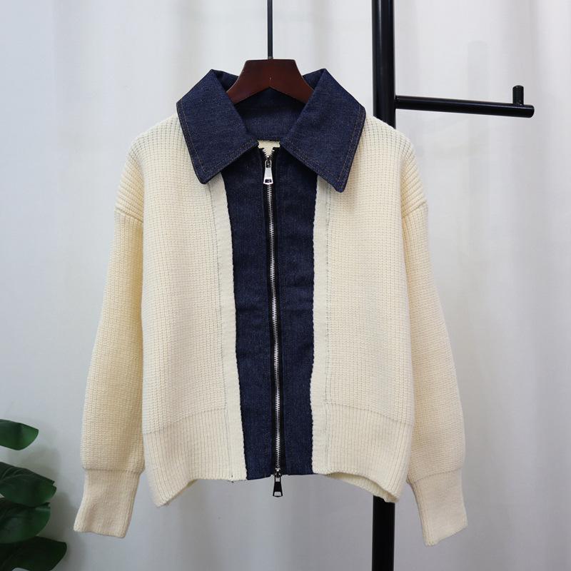 Autumn and Winter New Splicing Denim Double Zipper Knitted Cardigan Short Design Loose Sweater Jacket Women
