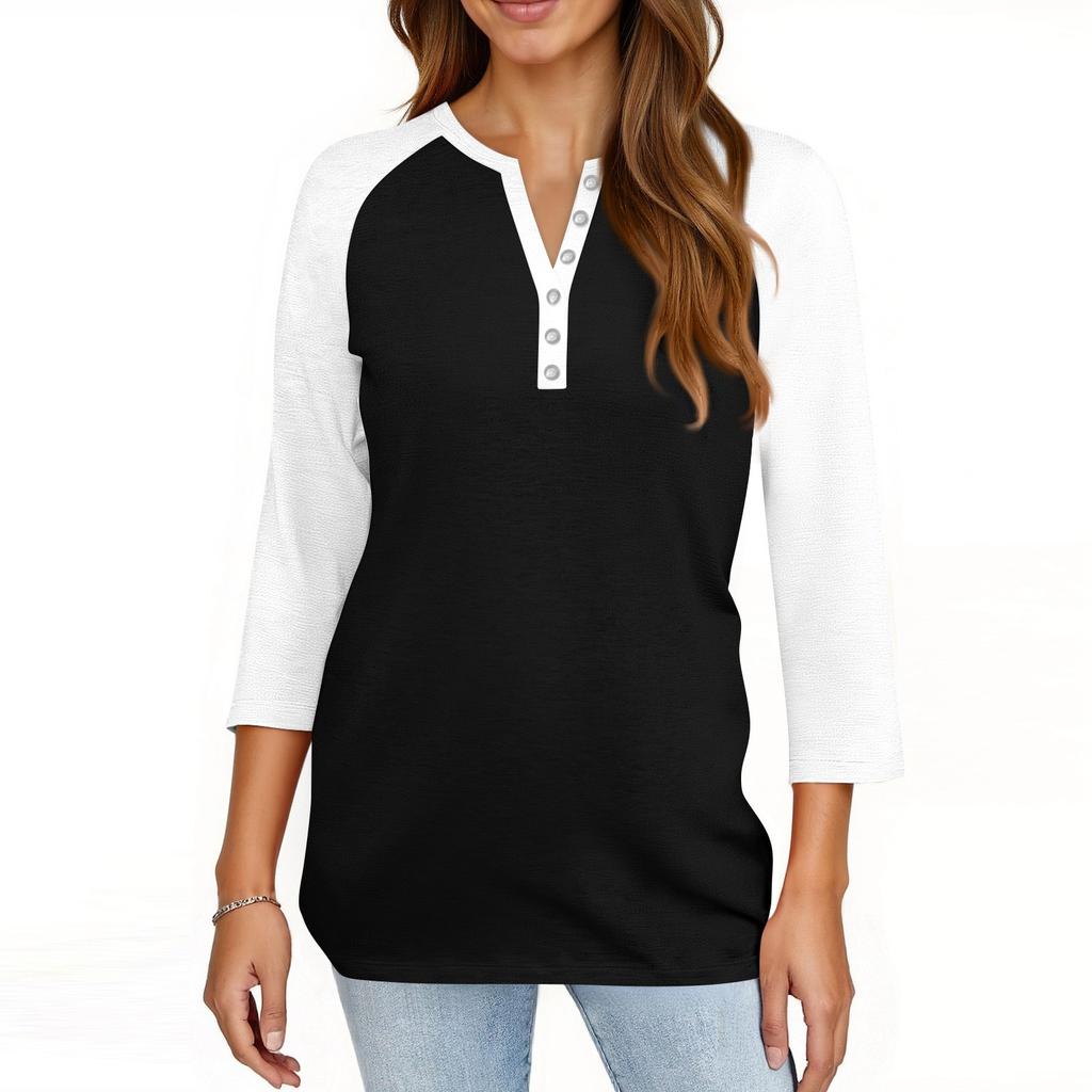 Women's T Shirt Print Button 3/4 Sleeve Daily Weekend Fashion Basic V- Neck Regular Top