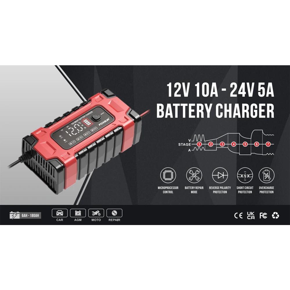 12V 10A Fully Automatic Car Battery Charger 7-Stage Fast Charging 6-180Ah for AGM GEL WET Lead Acid Battery Charger LCD Display