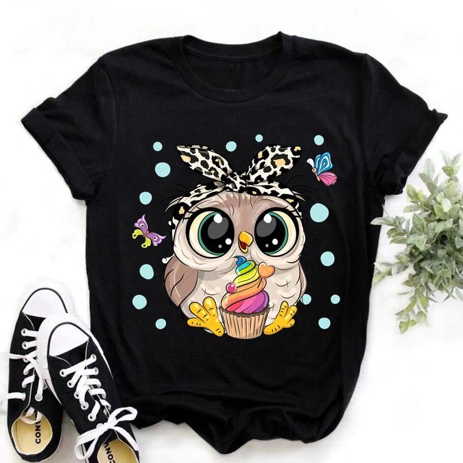 New Tops Trend Cute Owl Women Print Harajuku Ladies T-shirt Casual Basics O-collar Black White Shirt Short Sleeve Ladies T-shirt