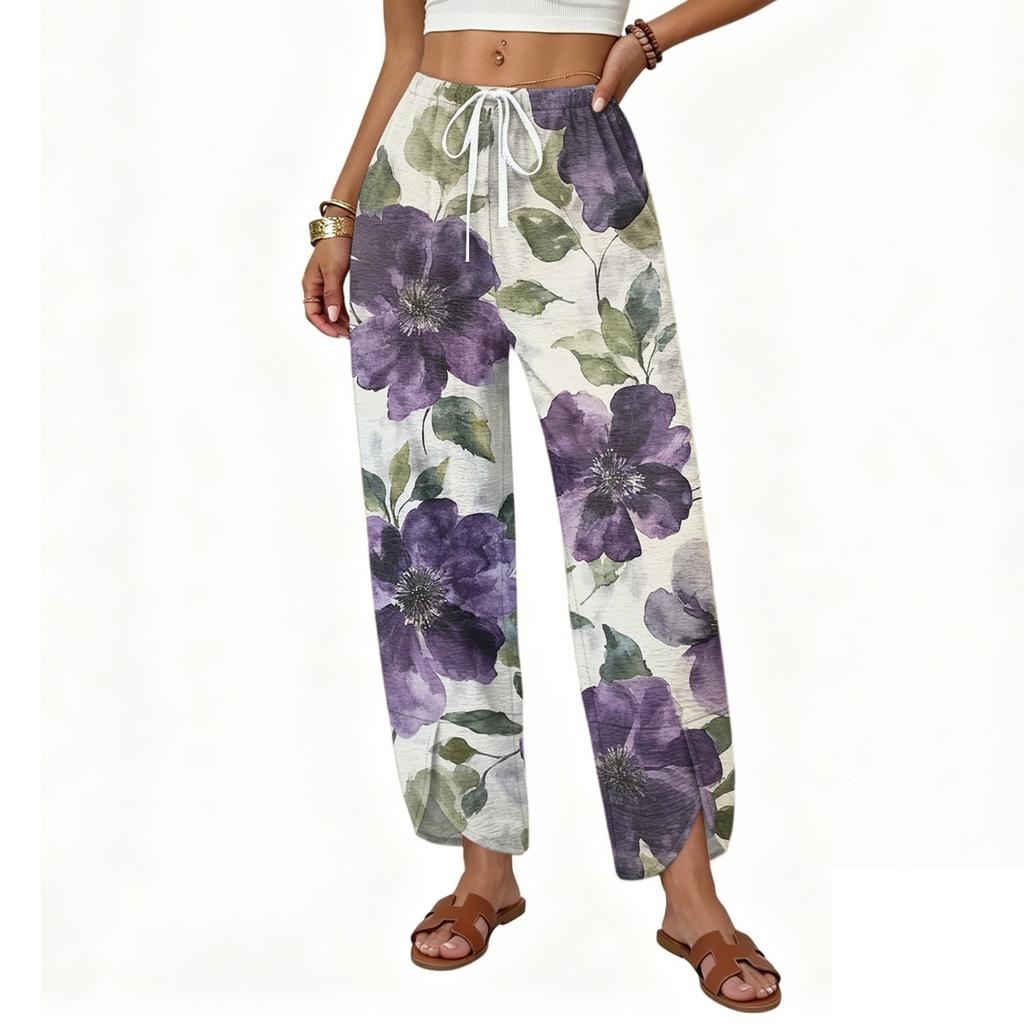 Women Casual Wide Leg Loose Fit Drawstring Pants with Rainbow Heart Print Lightweight Comfortable Trousers for Everyday Wear