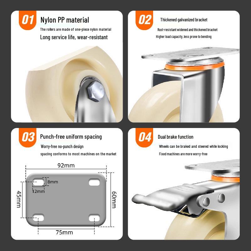 Light to Medium Duty Nylon Swivel Casters with Brake - 3", 4", 5" Sizes Available for Trolleys