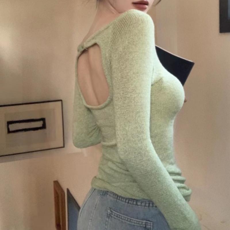 Spring Hot Girl Backless Long Sleeve Knitwear Women's Design-oriented Thin Hollow Out Pullover Sun Protection Top