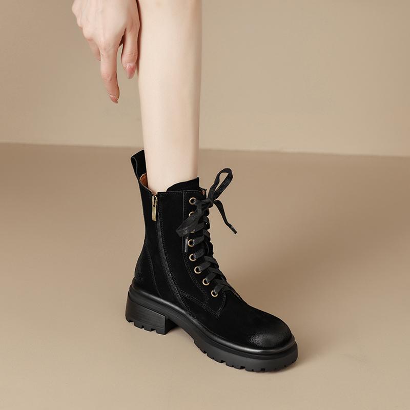 Women Ankle Boots 2024 Cross-Tied Popular Thick Heels Shoes Woman Autumn Winter Cow Suede Leather Casual Outdoor Platform Shoes