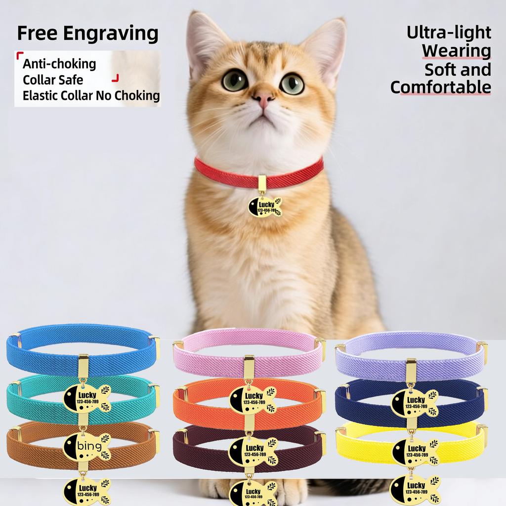 Personalized Free Customized Cat Collar Cute Fish Metal Necklace Pet ID Name Tag GPS Tracker Kitten Dog Breakaway Elastic Collar