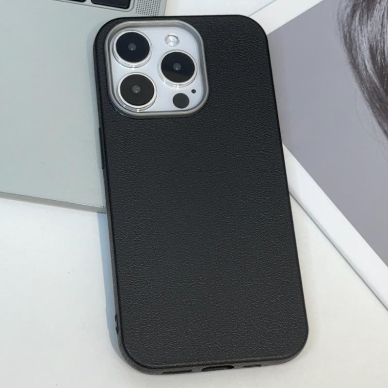 

Applicable To IPhone16ProMax Light Luxury Metal Frame Leather Pattern Mobile Phone Case Apple 15pro Lychee Pattern Protective Case iPhone13promax