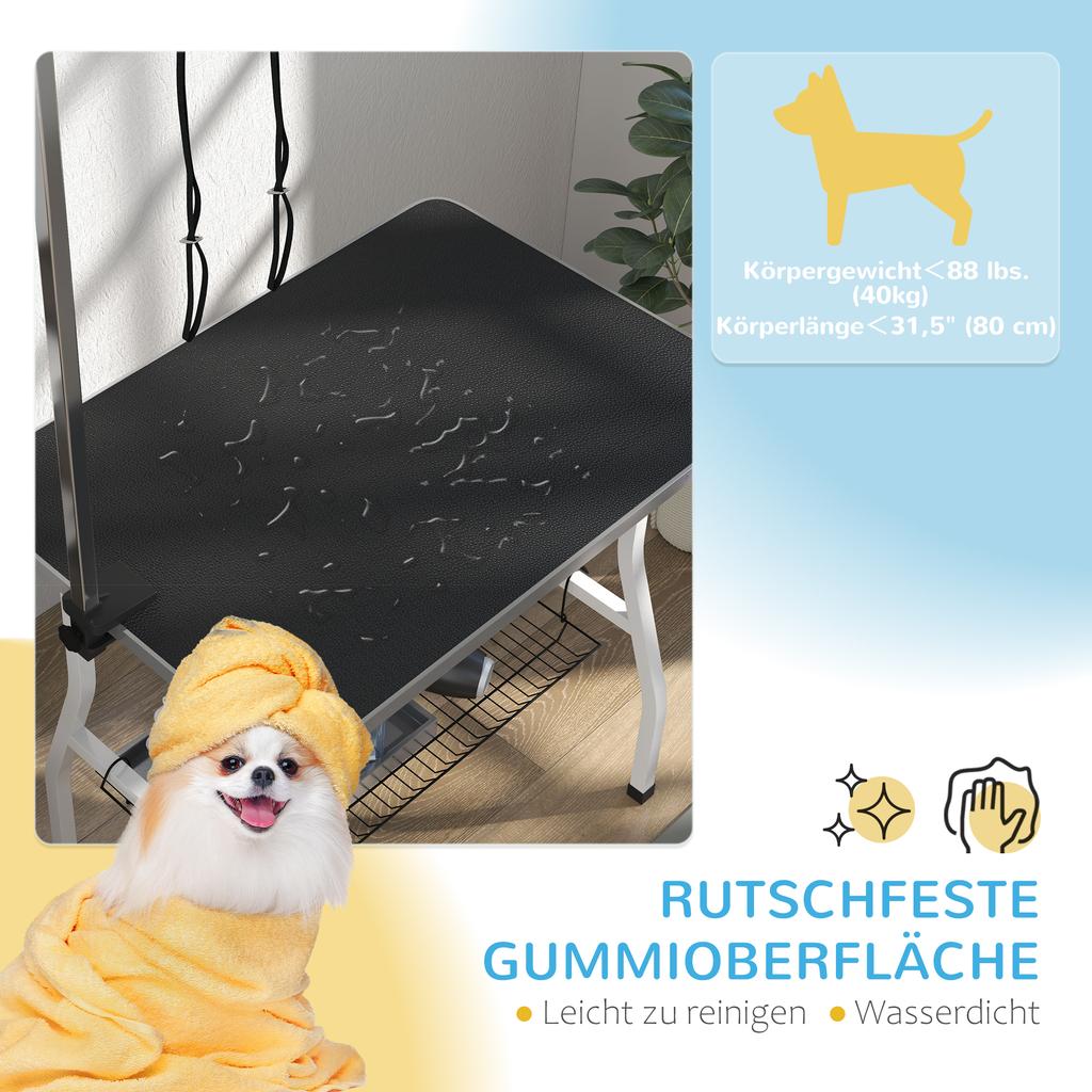 Dog Grooming Table, Grooming Table with Adjustable Arm, Storage Compartment, Rubber Surface, 90 x 60 x 76 cm, Black