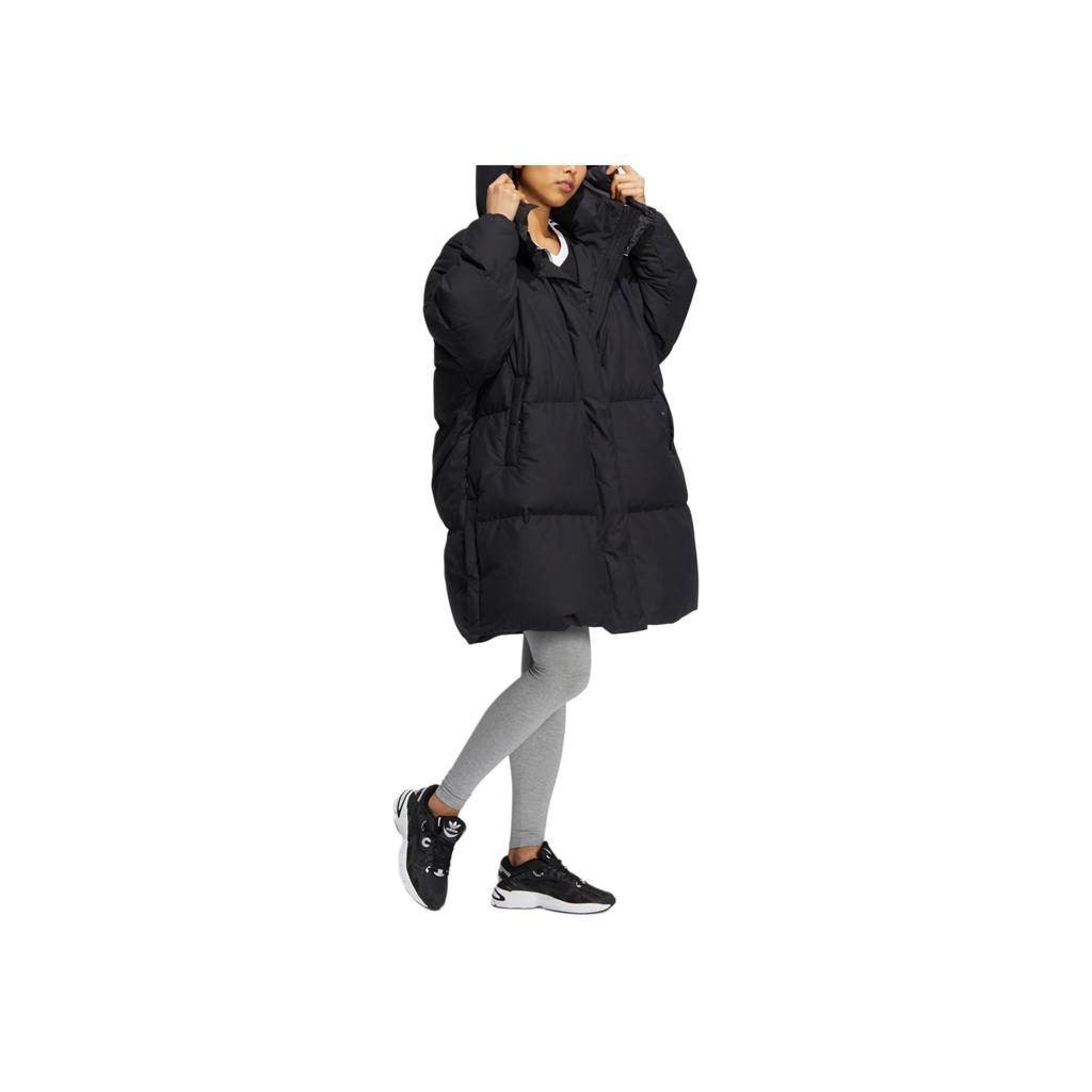 Adidas Originals Premium Down Brand Logo Embroidered Long Hooded Down Jacket Women Outerwear Black HS9528