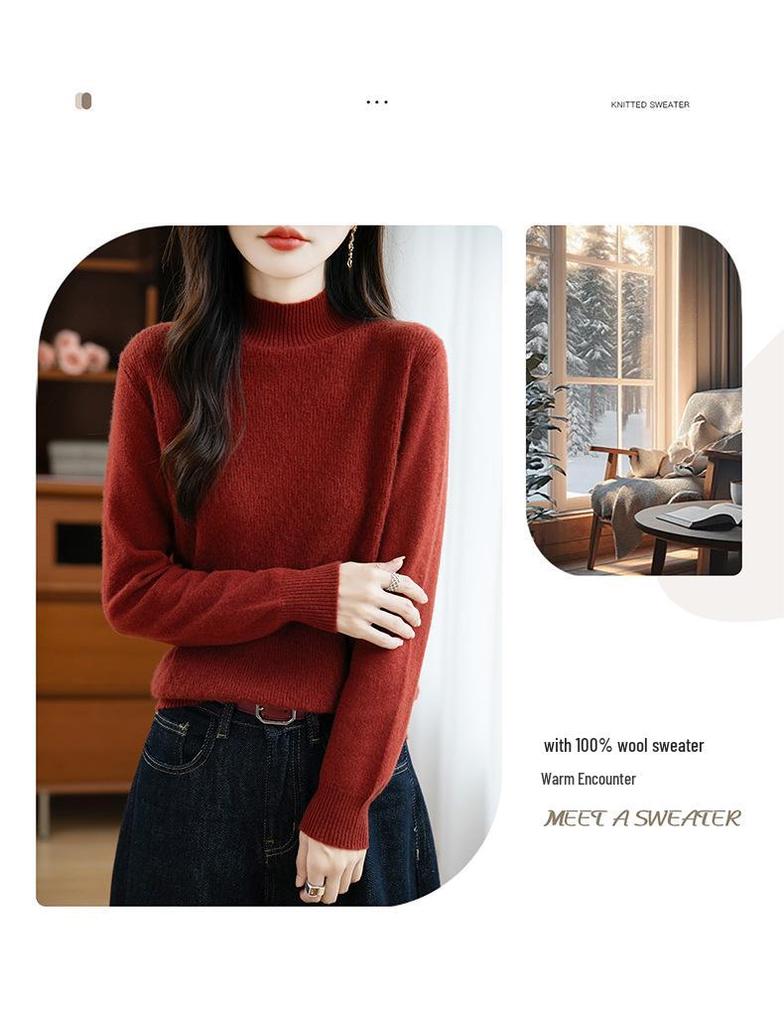 Women's Korean Style Wool Knit Sweater - Half-High Neck, Long Sleeve, Loose Fit