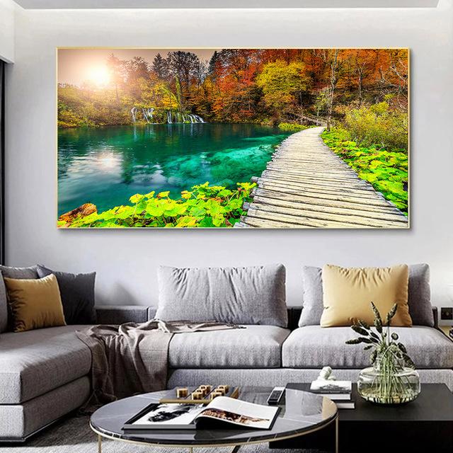 Landscape Natural Waterfall Canvas Painting Nature Red Tree Forest Posters And Prints Wall Art Pictures Home Decor No Frame