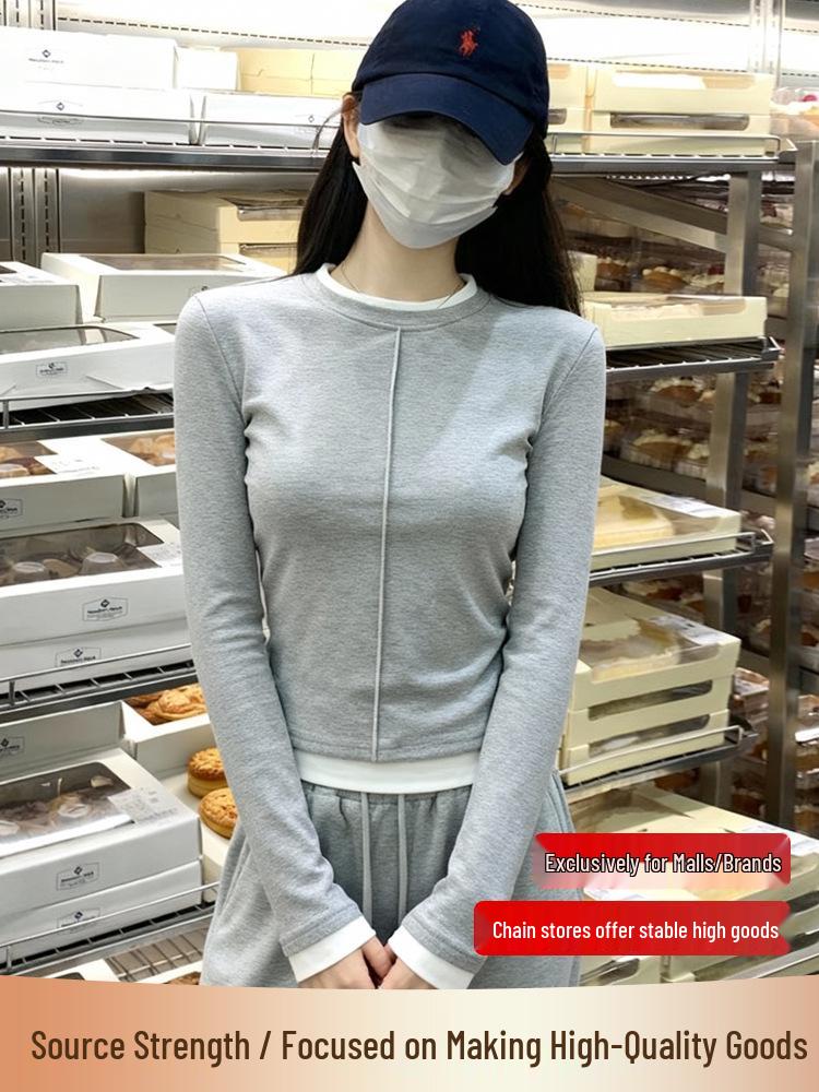 Women's 250g Heavyweight Two-Piece Look Round Neck Long Sleeve T-Shirt - Spring/Autumn Fashion with Straight Shoulder Patchwork Design