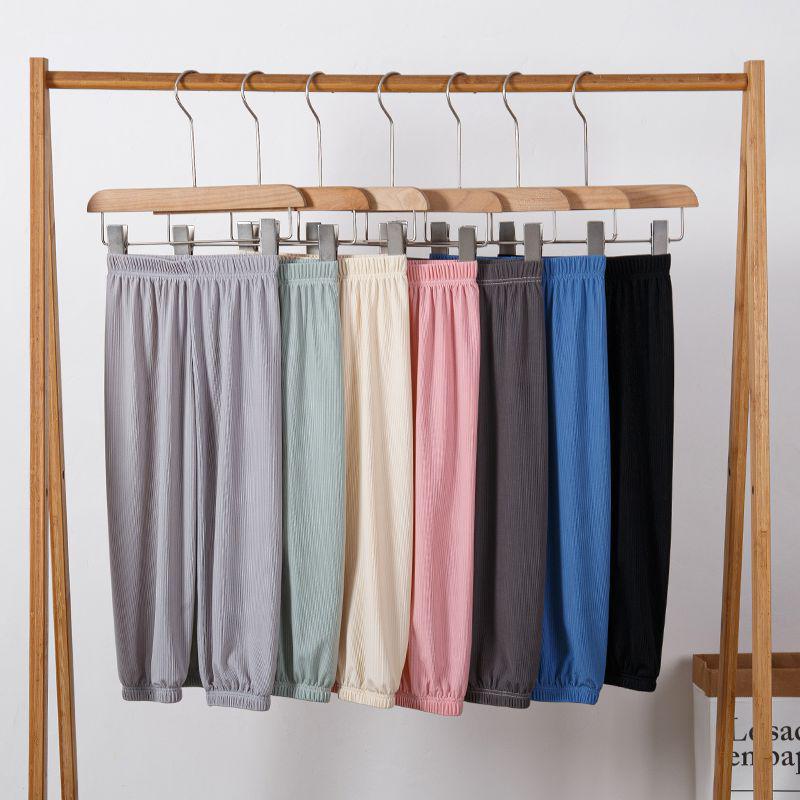 Children's Summer Ice Silk Elastic Pants - Loose Fit, Cuffed Ankle, Thin, Straight & Wide Leg Design, Ideal for Home & Sleepwear