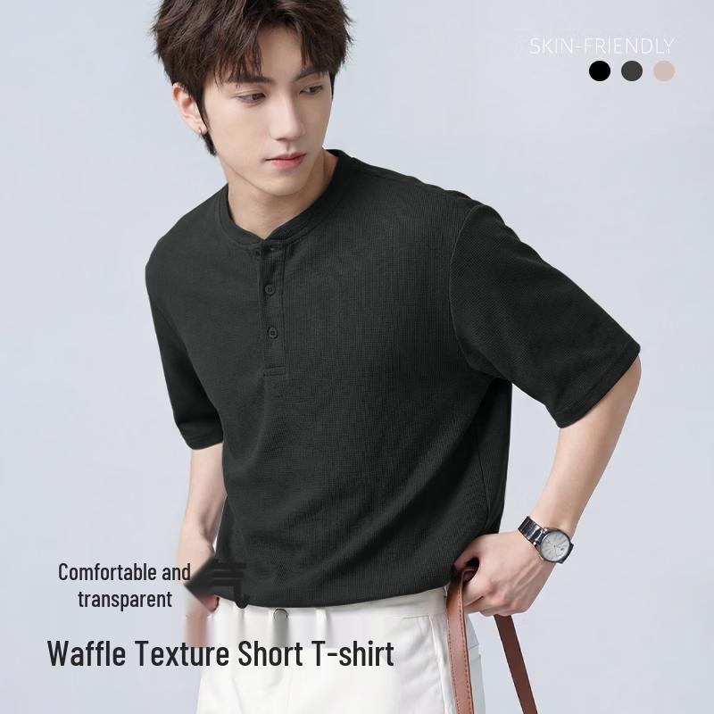 Jeanswest Men's Casual Waffle Round Neck Short Sleeve T-Shirt