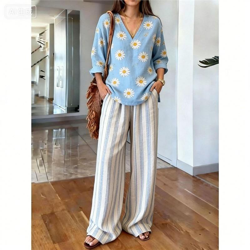 Gentle Temperament Printed Top Set, Classic Bohemian Pattern, Loose Wide-leg Pants for Summer Casual Wear